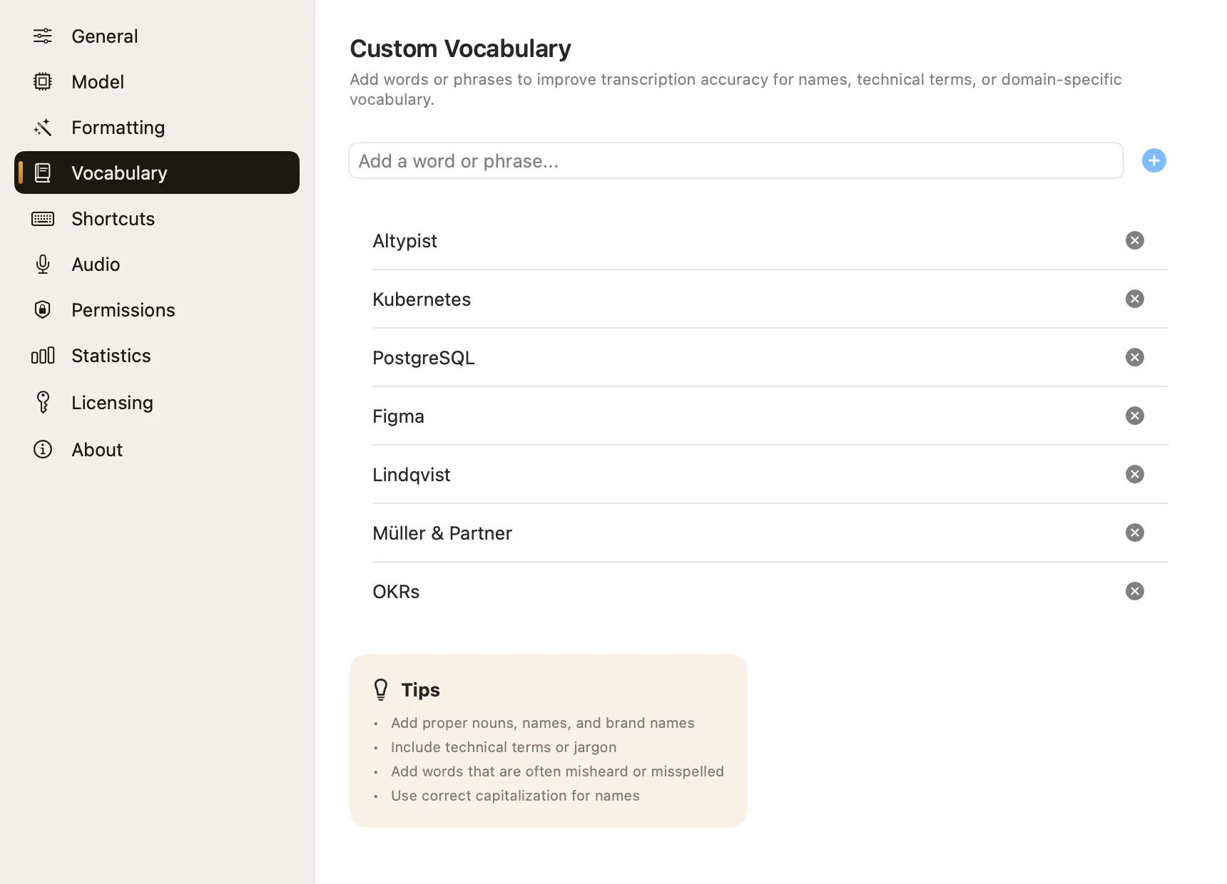 The Custom Vocabulary settings with entries such as Kubernetes, PostgreSQL, Lindqvist and Müller & Partner.