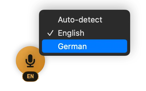 The floating widget's language chip, opened: Auto-detect, English (selected) and German.