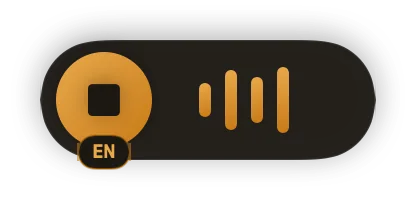 The floating widget while recording: a stop button, a live level meter and an EN language chip.