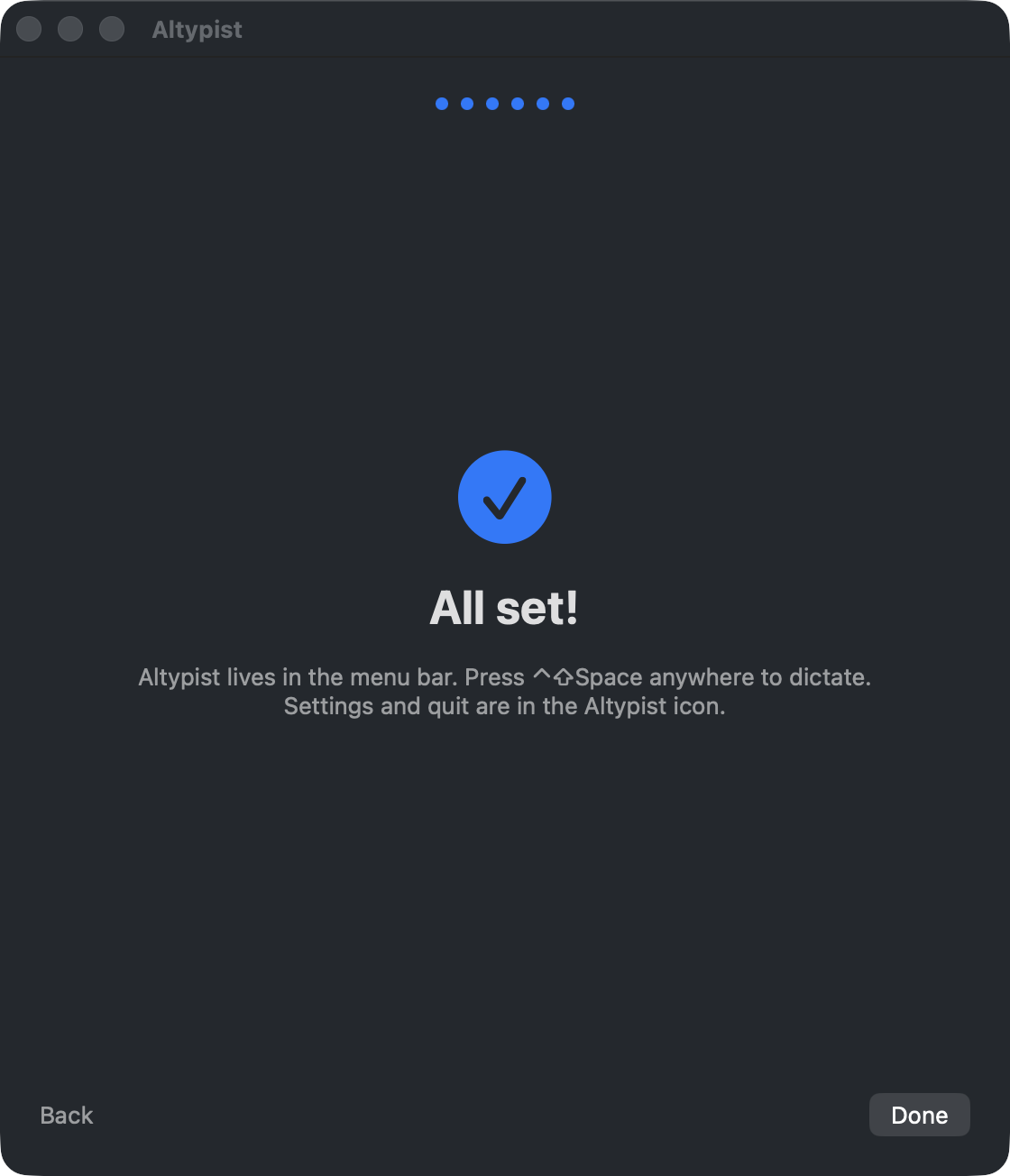 Altypist setup, final step: “All set!” with a note that Altypist lives in the menu bar.